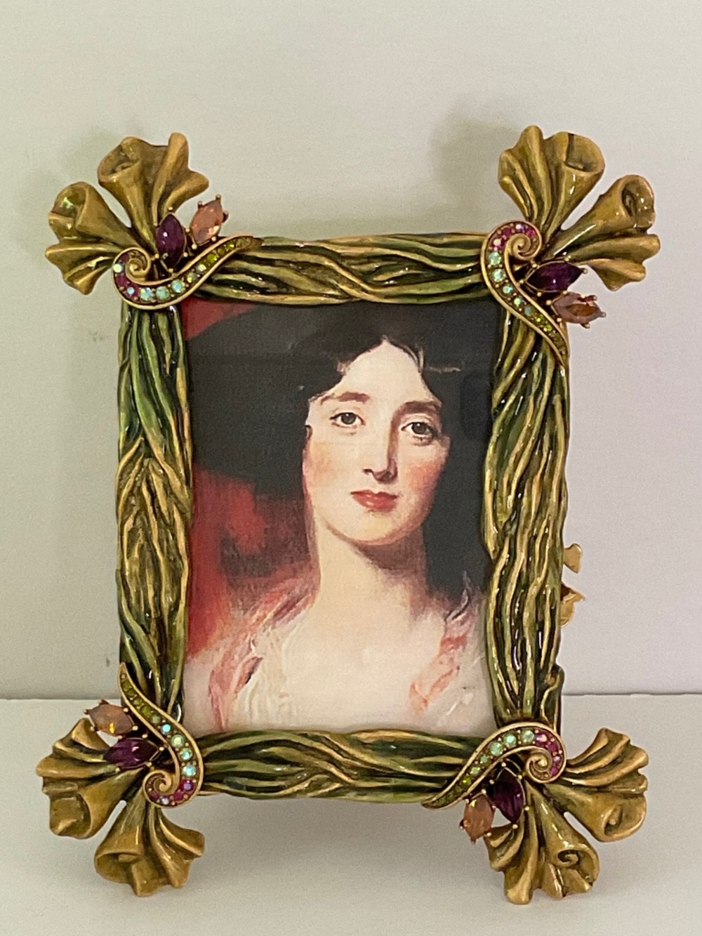 Rare Jay Strongwater Couture Ribbon Drapery Jeweled Picture Frame Green Enamel